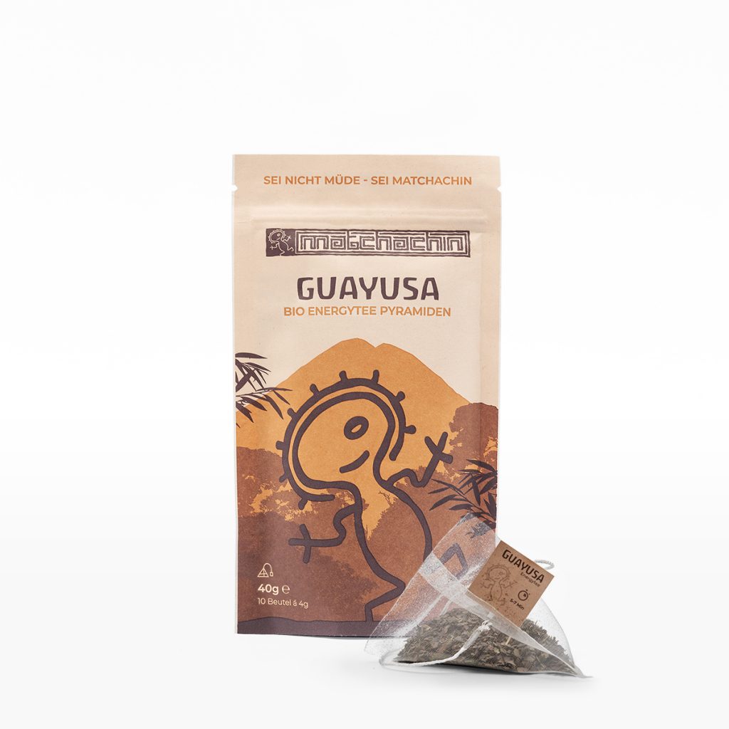 Guayusa Tee Packshot mit Teebeutel vor der Verpackung, Vorderseite