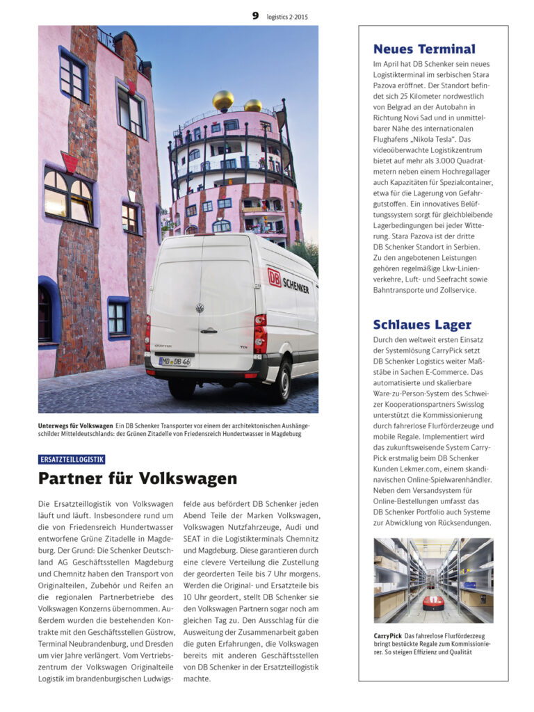Logistics Magazin von DB-Schenker Ausgabe 02 /2015 Grüne Zitadelle von Friedensreich Hundertwasser, Magdeburg-DB-Schenker LKW liefert Volkswagenteile aus