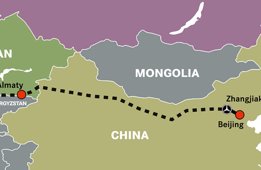 Grafischer Landkartenausschnitt Mongolei und china-LKW Rückführung Mercedes-Benz_Step 1