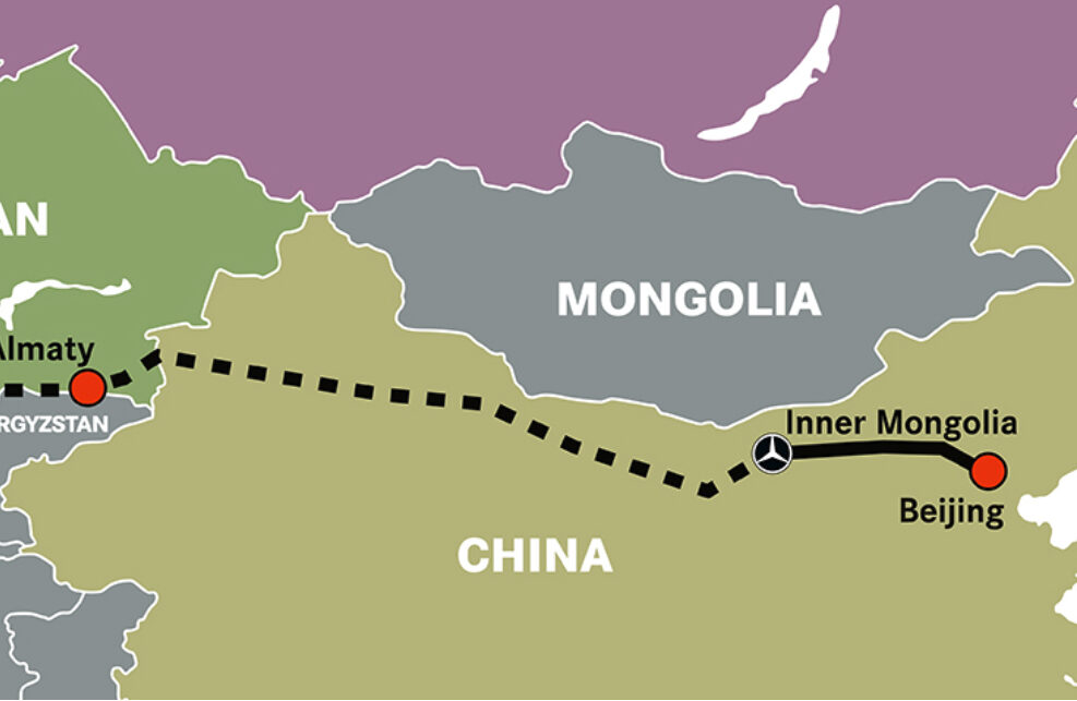 Grafischer Landkartenausschnitt Mongolei und china-LKW Rückführung Mercedes-Benz Step 2