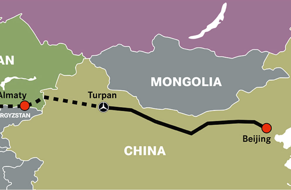 Grafischer Landkartenausschnitt Mongolei und china-LKW Rückführung Mercedes-Benz_Step 3