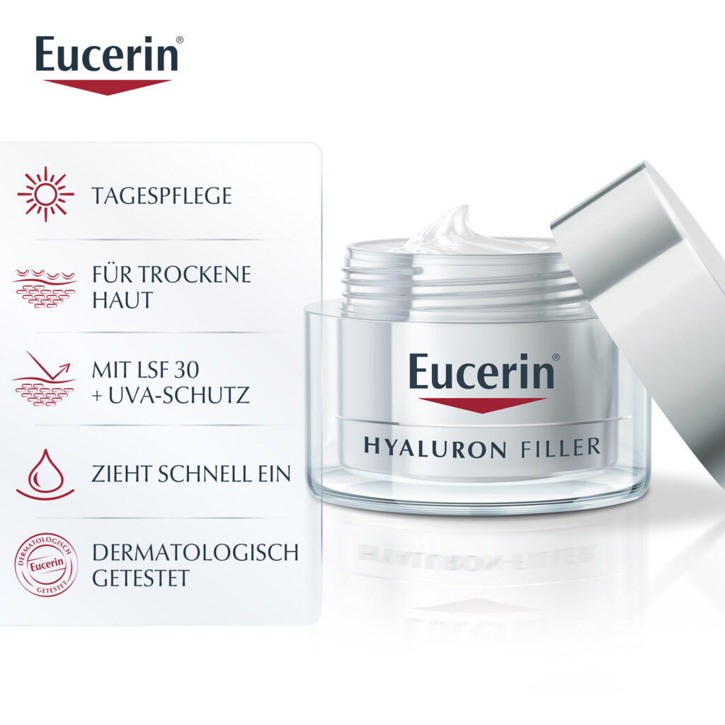 Eucerin-Werbeanzeige Tagespflege tiegel geöffnet Hyalluron Filler