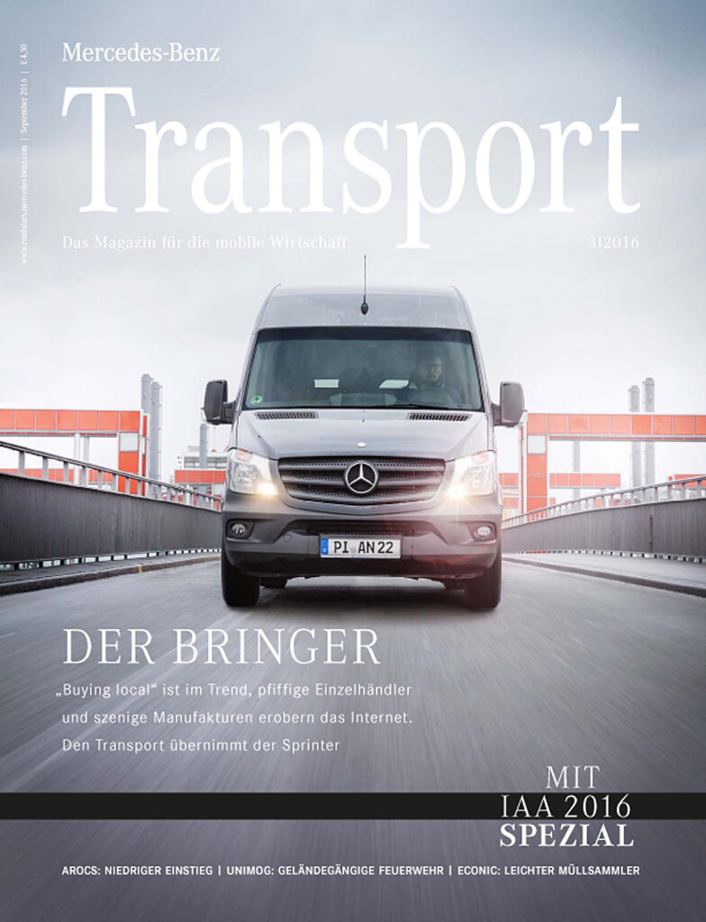 Mercedes-Benz Sprinter auf der Brücke, Titelcover des Magazin Transport von Mercedes-Benz