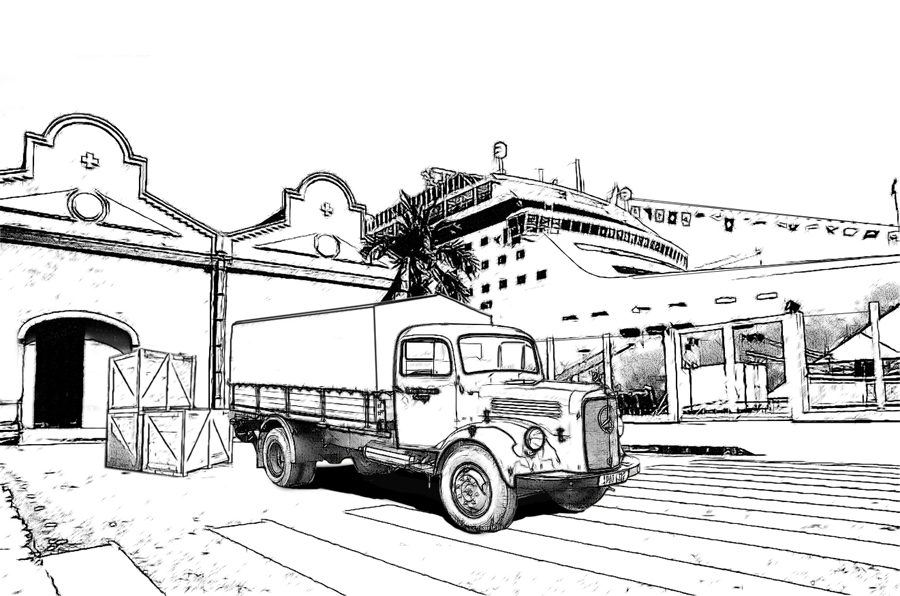 Zeichnung Oldtimer vor Schiff