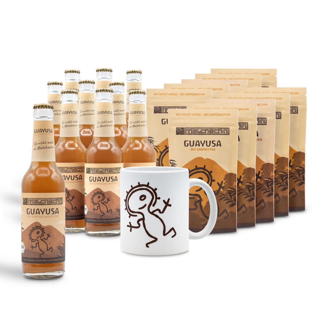 Fotografie der Produkte von Matchchin Guayusa Energy Tea. 
Fotografie und Postproduktion der Zusammenstellung der Teeverpackung und Glasflaschen mit Becher 21 Produkte.