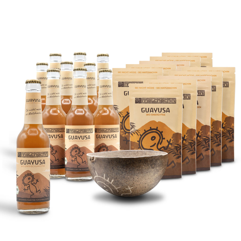 Fotografie der Produkte von Matchchin Guayusa Energy Tea. 
Fotografie und Postproduktion der Zusammenstellung der Teeverpackung und Glasflaschen mit Schale 21 Produkte.