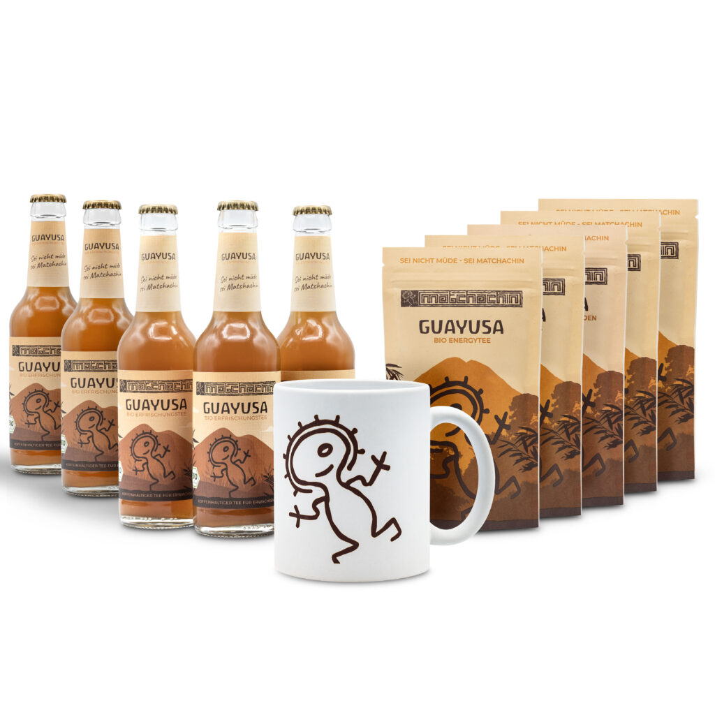 Fotografie der Produkte von Matchchin Guayusa Energy Tea. 
Fotografie und Postproduktion der Zusammenstellung der Teeverpackung und Glasflaschen mit Becher 11 Produkte.